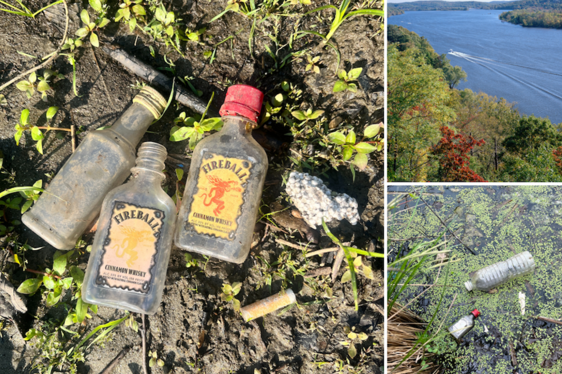 Collage of three images including discarded and dirty nip bottles on the ground, plastic bottles floating in the water, and a landscape photo of the Connecticut River.